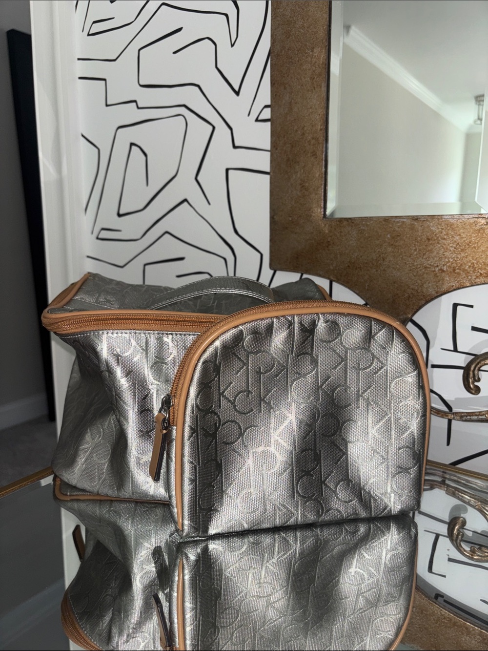 Calvin Klein Silver Toiletry & Makeup Bag with Tan Trim